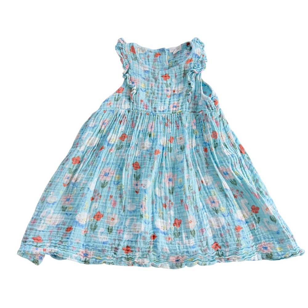 Angel Dear Muslin Dress Girls 5 Blue Floral Swan Ruffle Sleeveless Cotton Gauze
